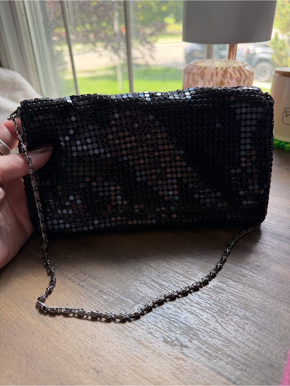 LOFT Black Chain Mail Chain Clutch with Chain Strap